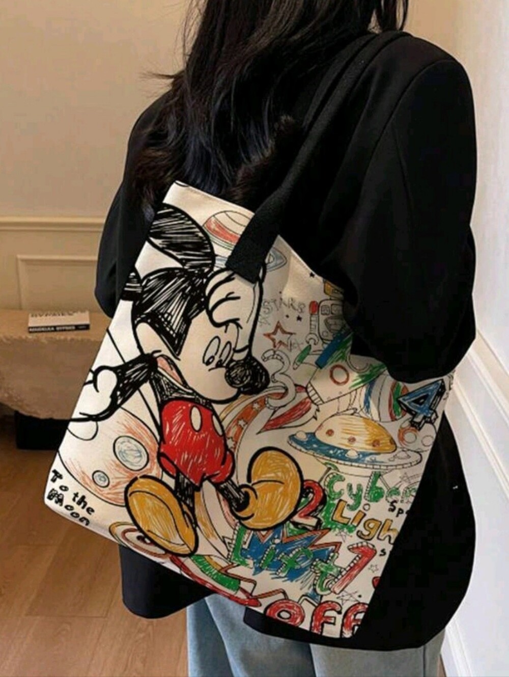 Graphic Mickey Sketch Tote Bag - White with Black Straps